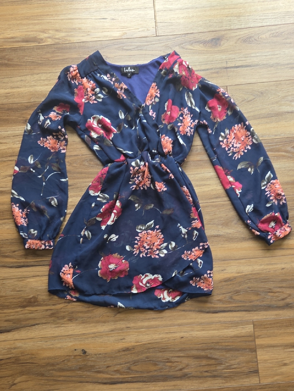 Lulu's Navy Floral Wrap Dress with Coral Blooms